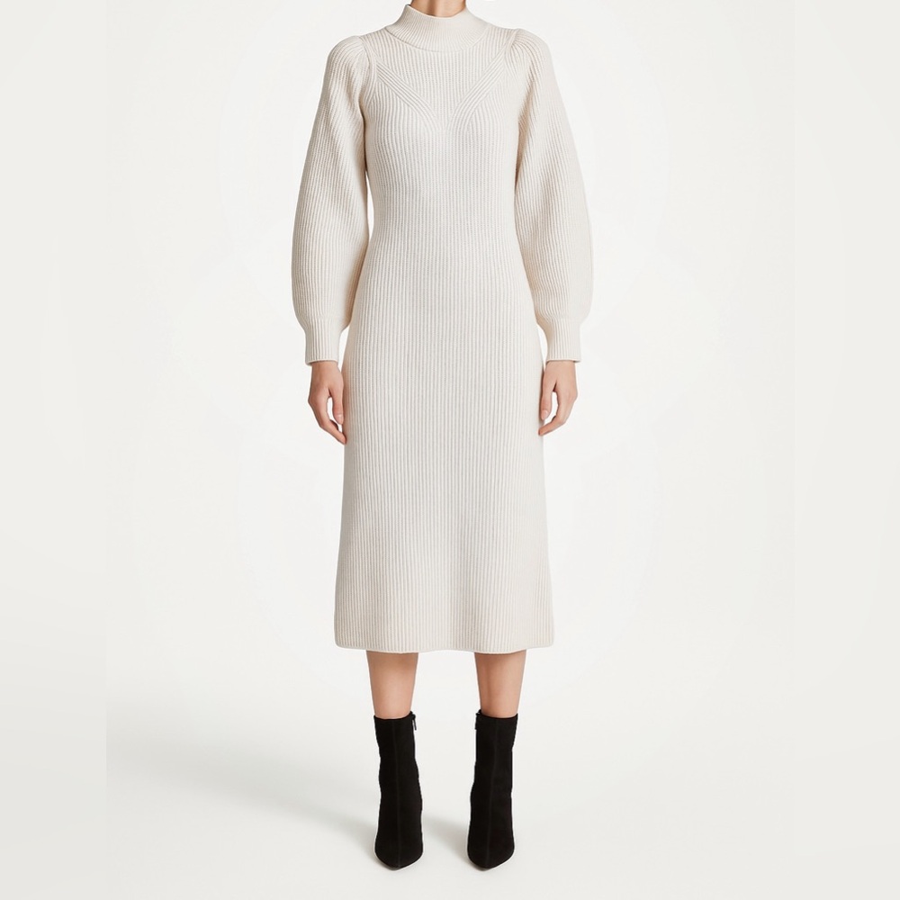 H&M Midi Wool Blend Cream Sweater Dress Puff Sleeve size Small
